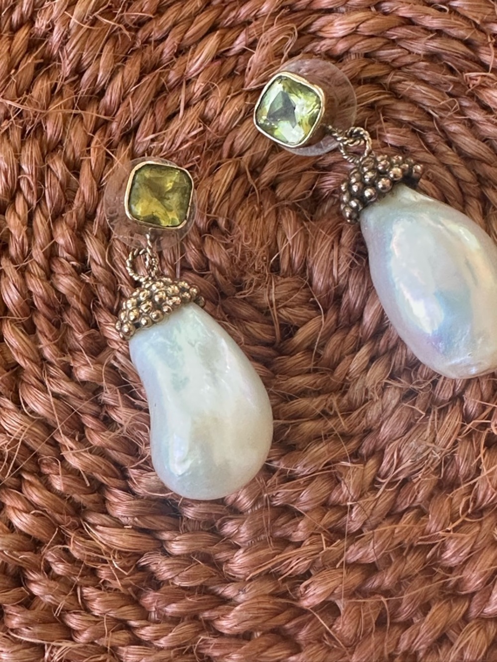 Gold-Tone Green Crystal and White Baroque Pearl Drop Earrings